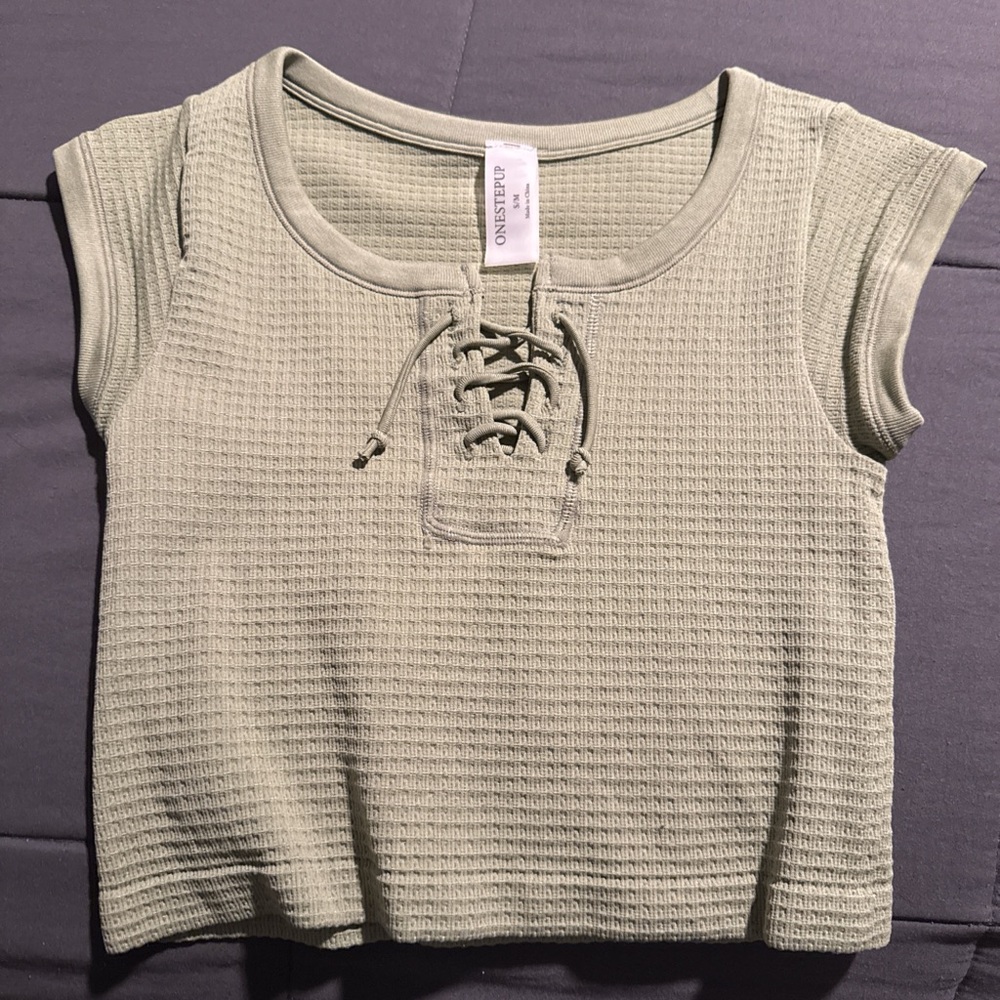 Forever 21 Lace-Up Waffle Knit Top - Light Green size small/medium